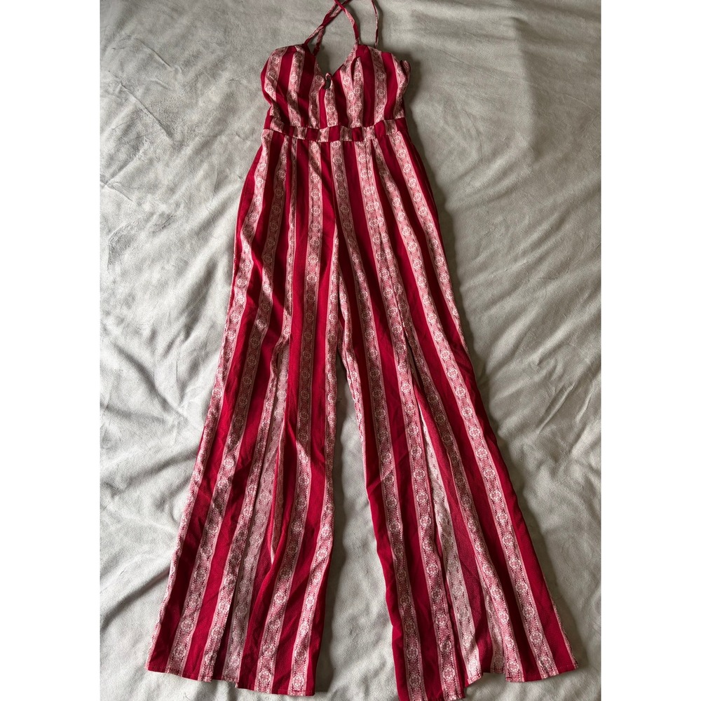 Crystal Sky Red White Striped Wide Leg Jumpsuit Halter Neck Side Slits Size 7